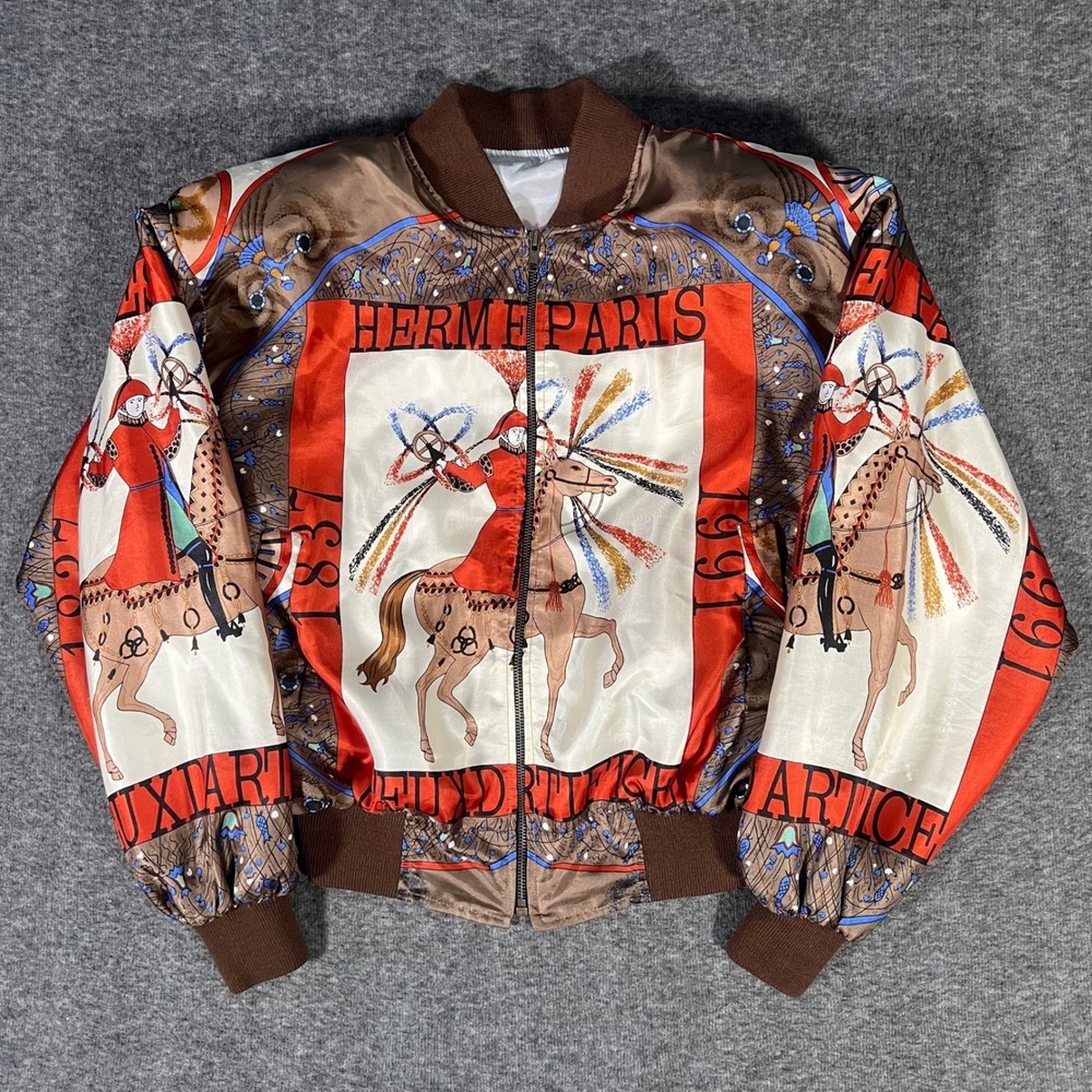 Vintage 80s Silk Bomber Jacket Hermes Paris Scarf Print Equestrian Brown Large